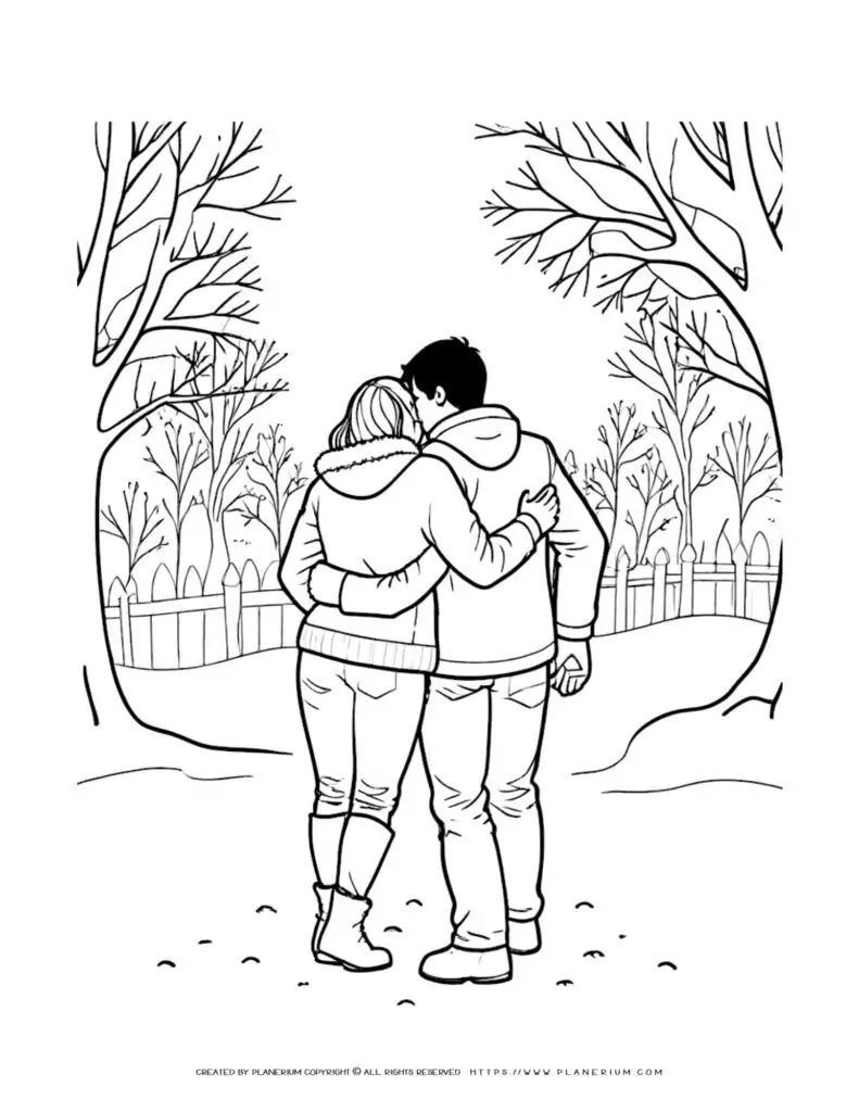 Couple hugging while walking in a winter park.