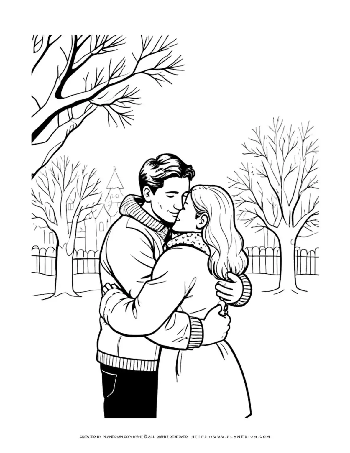 Couple hugging in winter park