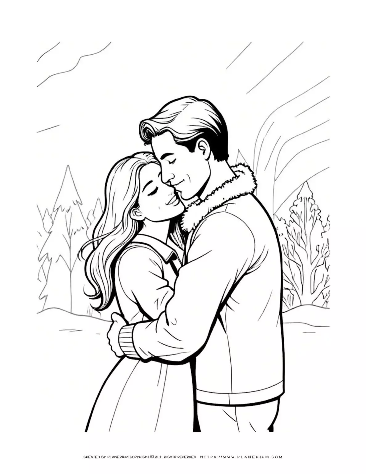 Couple hugs in winter landscape coloring page.