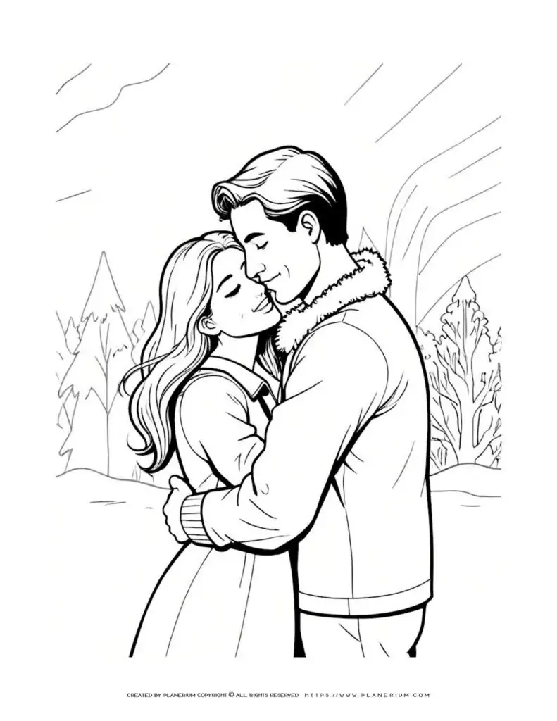 Couple hugs in winter landscape coloring page.