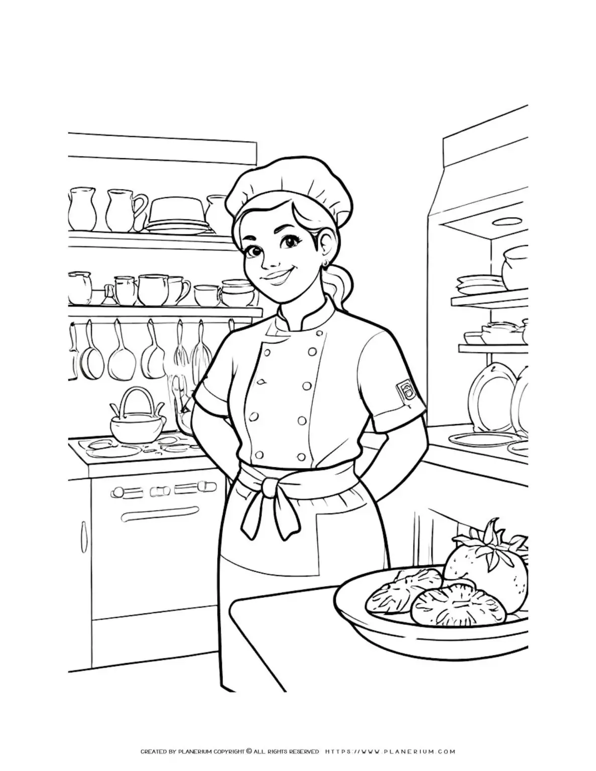 Cartoon female chef in kitchen with food