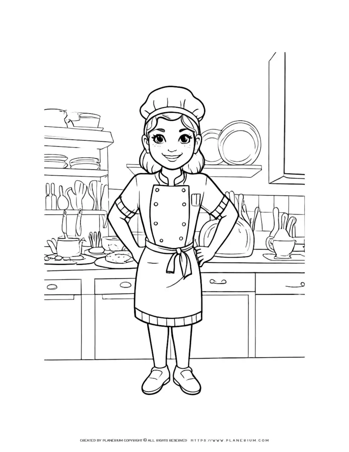 Chef character coloring page in a kitchen.