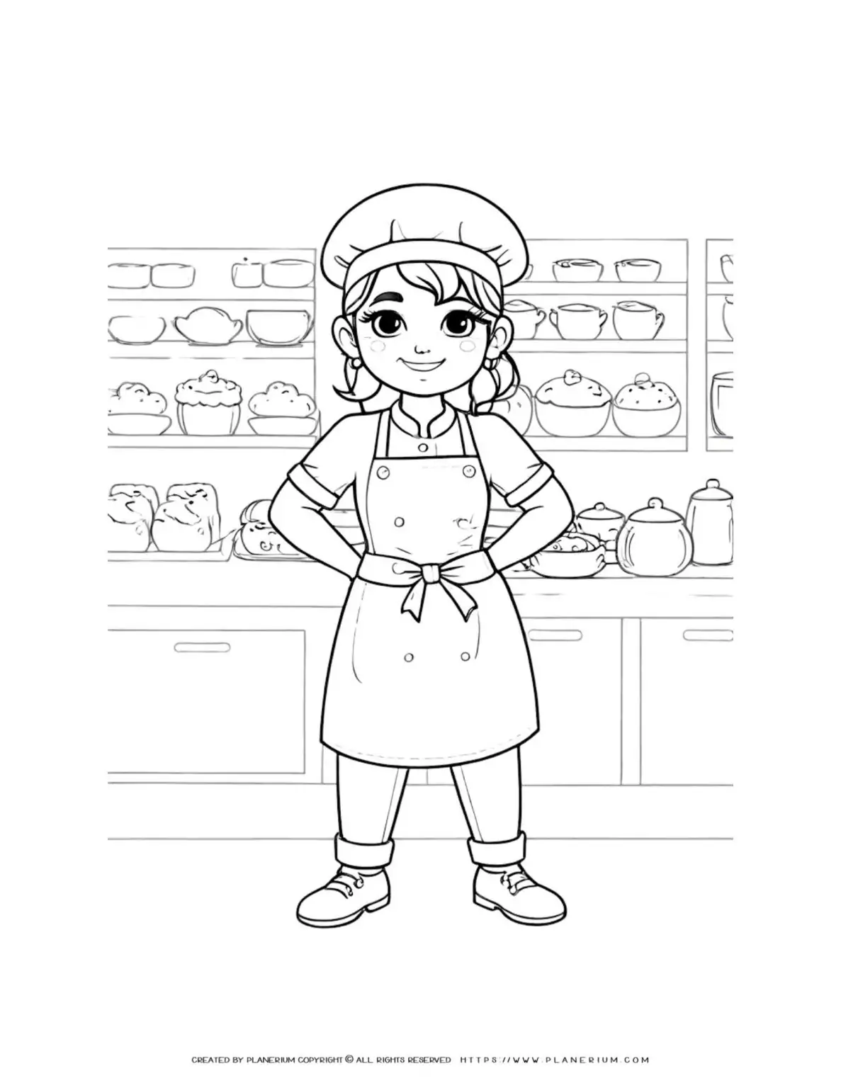 Cartoon baker in kitchen with baked goods.