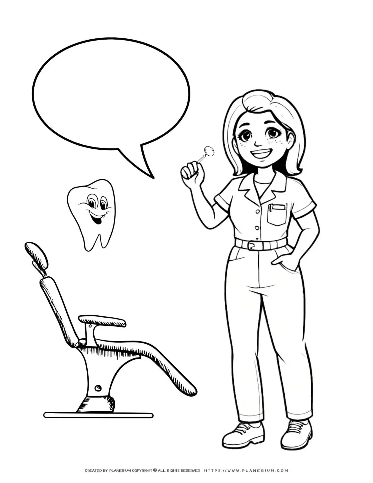 Cartoon dentist with chair and talking tooth