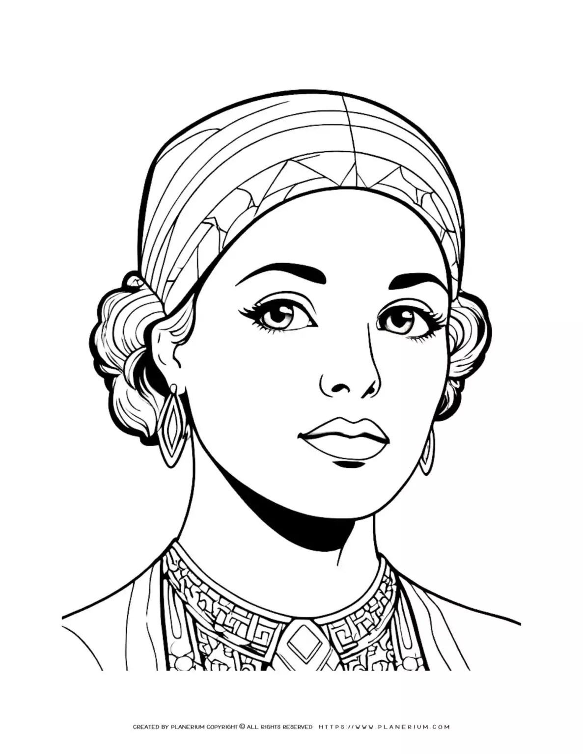 Line art of woman with headscarf and earrings