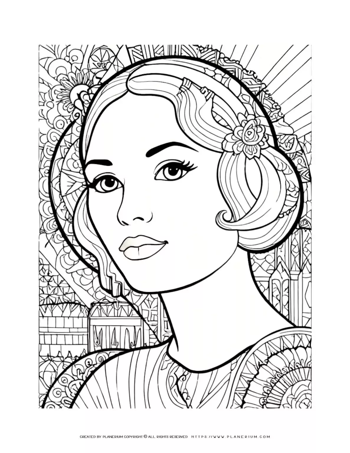 Coloring page of a woman's portrait with floral background.
