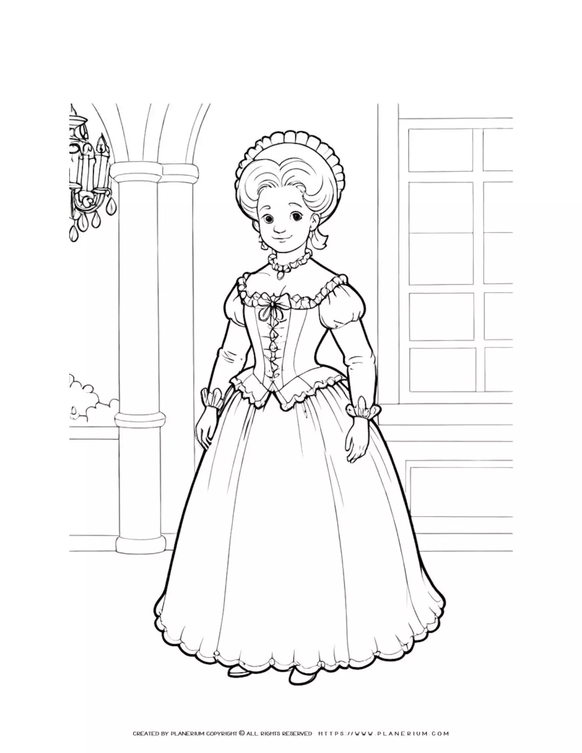 18th century woman in ball gown at palace - historical coloring page illustration