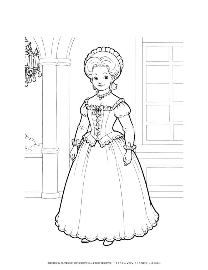 18th century woman in ball gown at palace - historical coloring page illustration