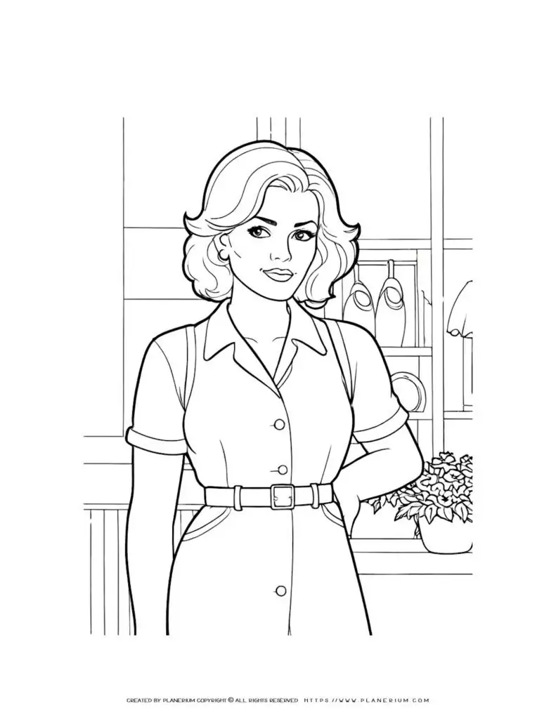 1950s woman in vintage dress coloring page with kitchen background, historical illustration for adults and kids to color and enjoy
