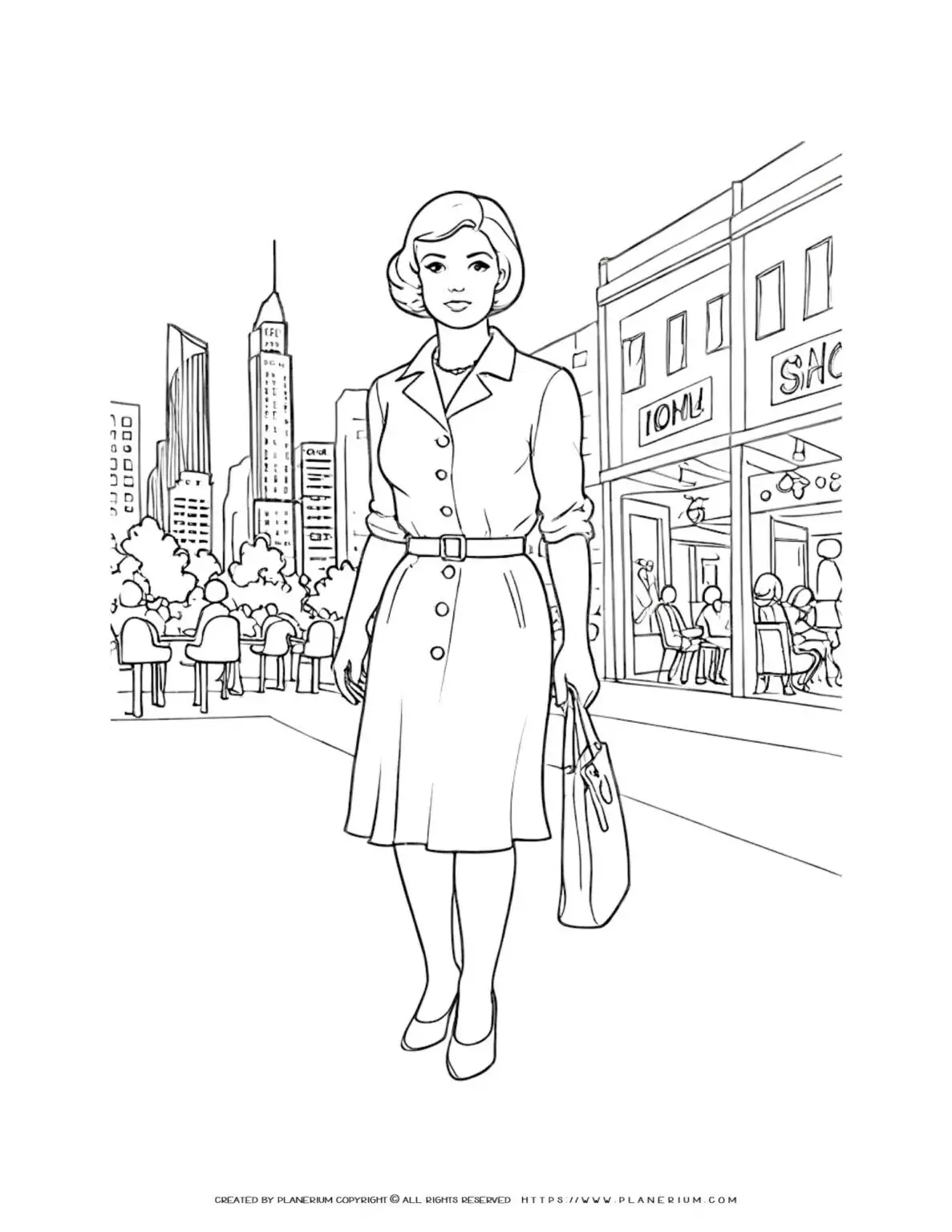 Vintage woman in 1960s attire on city street background. Historical coloring page illustration. Retro fashion drawing for adults and kids.