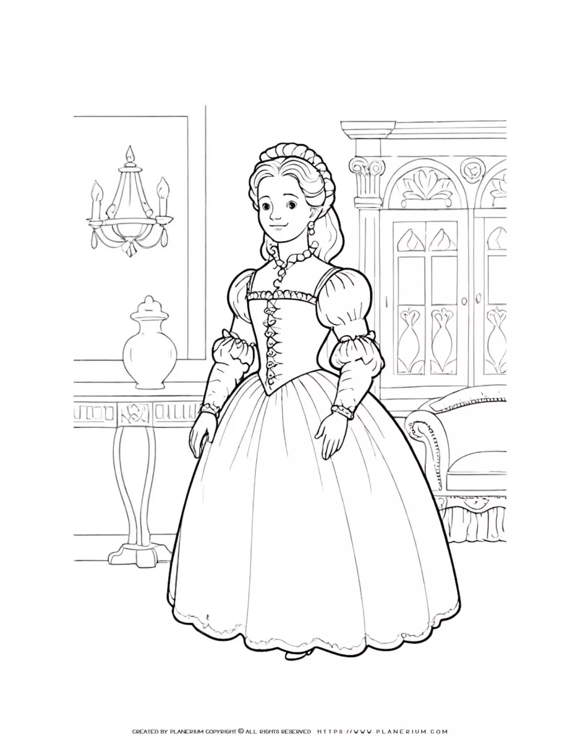 Baroque era woman in gown with palace interior background coloring page, historical illustration for kids learning about fashion history.