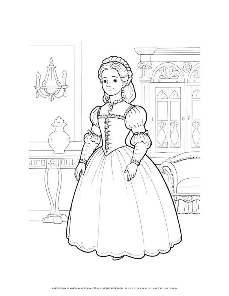 Baroque era woman in gown with palace interior background coloring page, historical illustration for kids learning about fashion history.