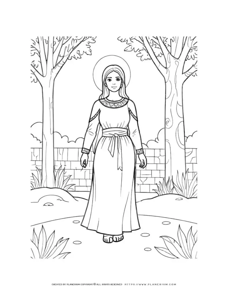 Historical illustration of a woman in a biblical robe against a garden backdrop, ideal for coloring pages.