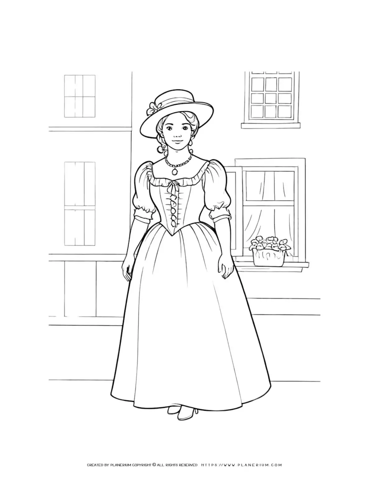 Colonial woman illustration coloring page with town buildings background, historical theme. Ideal for educational purposes and history enthusiasts.
