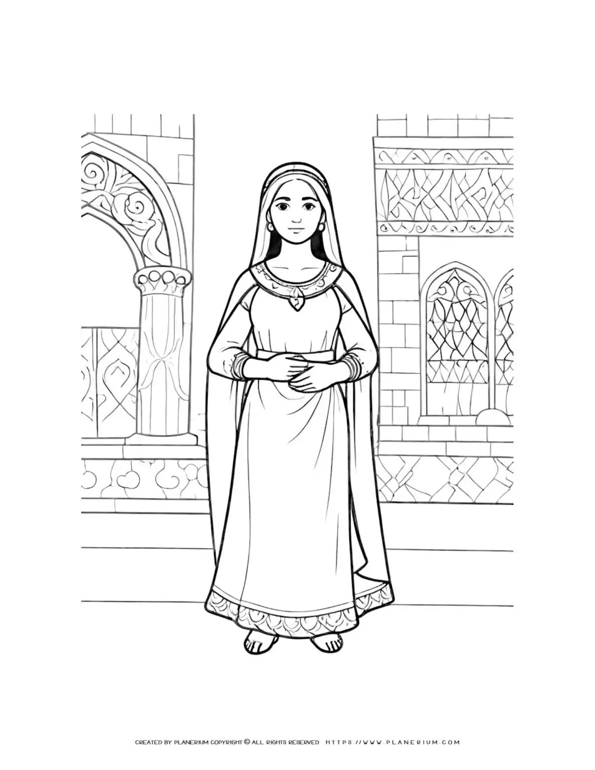 Medieval woman in gothic castle setting - historical illustration coloring page.
