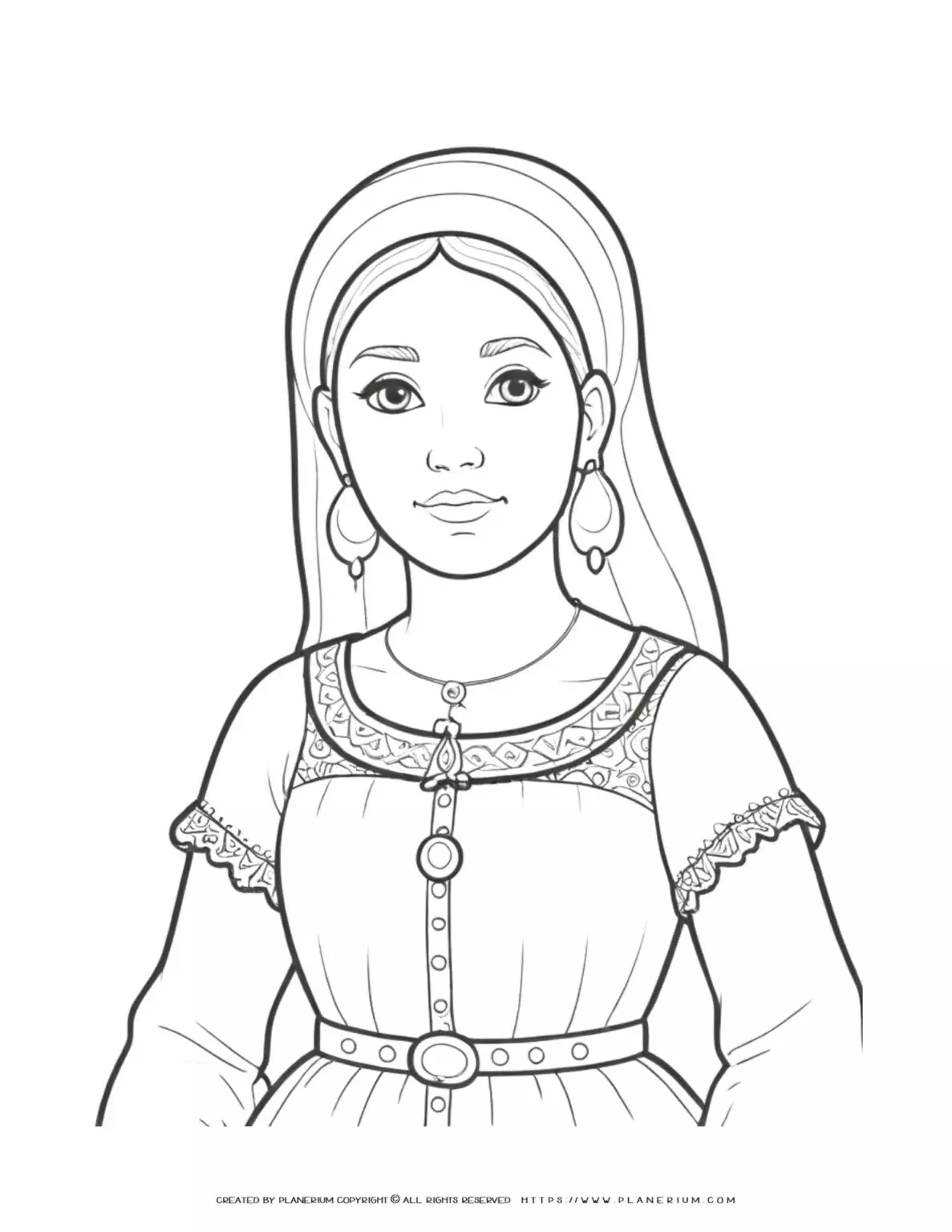 Medieval woman in historical dress illustration for coloring page with plain background.