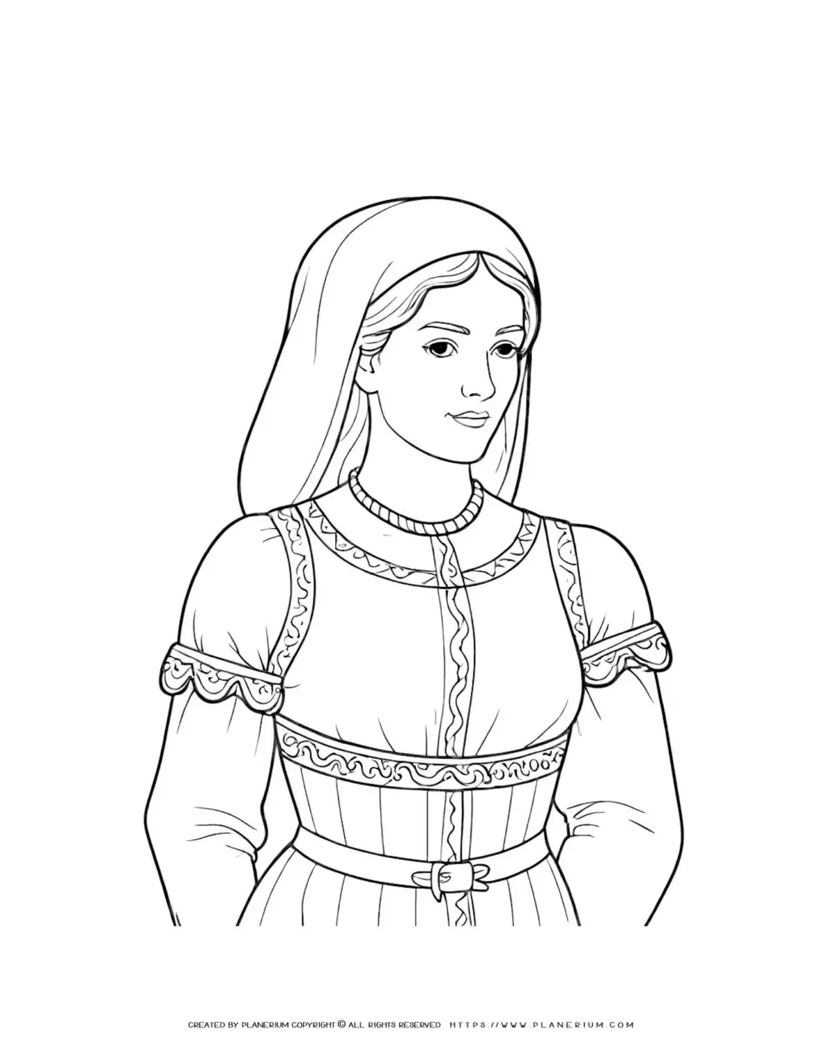 Medieval peasant woman in traditional dress, historical illustration coloring page.