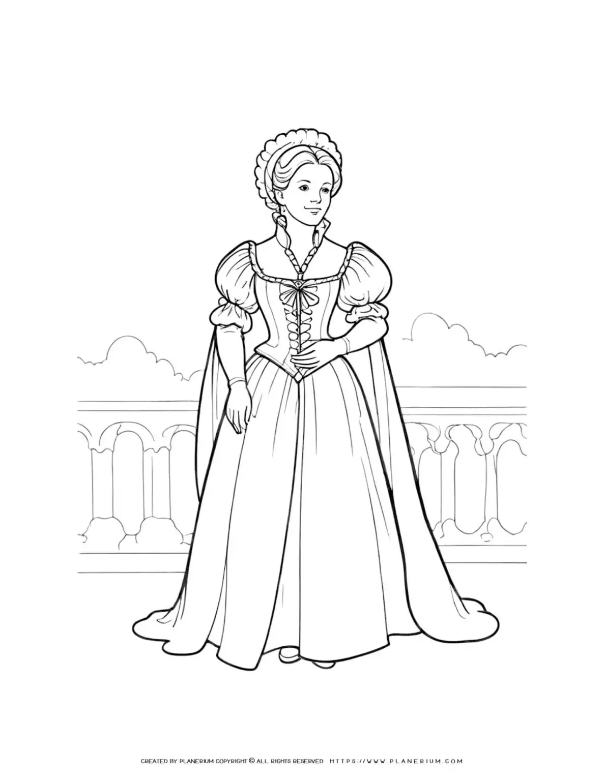Renaissance woman in court dress on balcony, historical illustration coloring page. Ideal for history enthusiasts and art lovers.