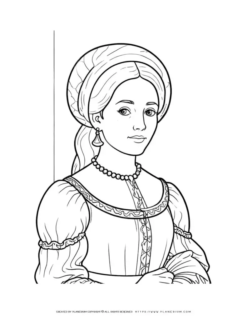 Renaissance court dress coloring page of a woman in historical attire, set against a plain background. Ideal for history enthusiasts and art lovers.