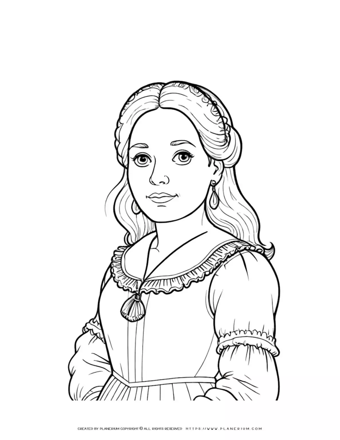 Renaissance woman in historical dress on plain background, coloring page illustration