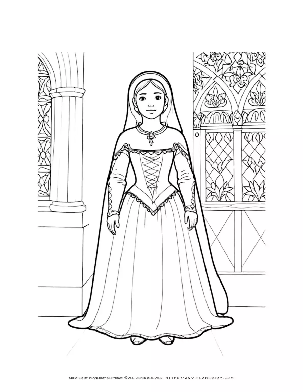 Renaissance woman in gown with palace background historical illustration coloring page. Ideal for history enthusiasts and art lovers.