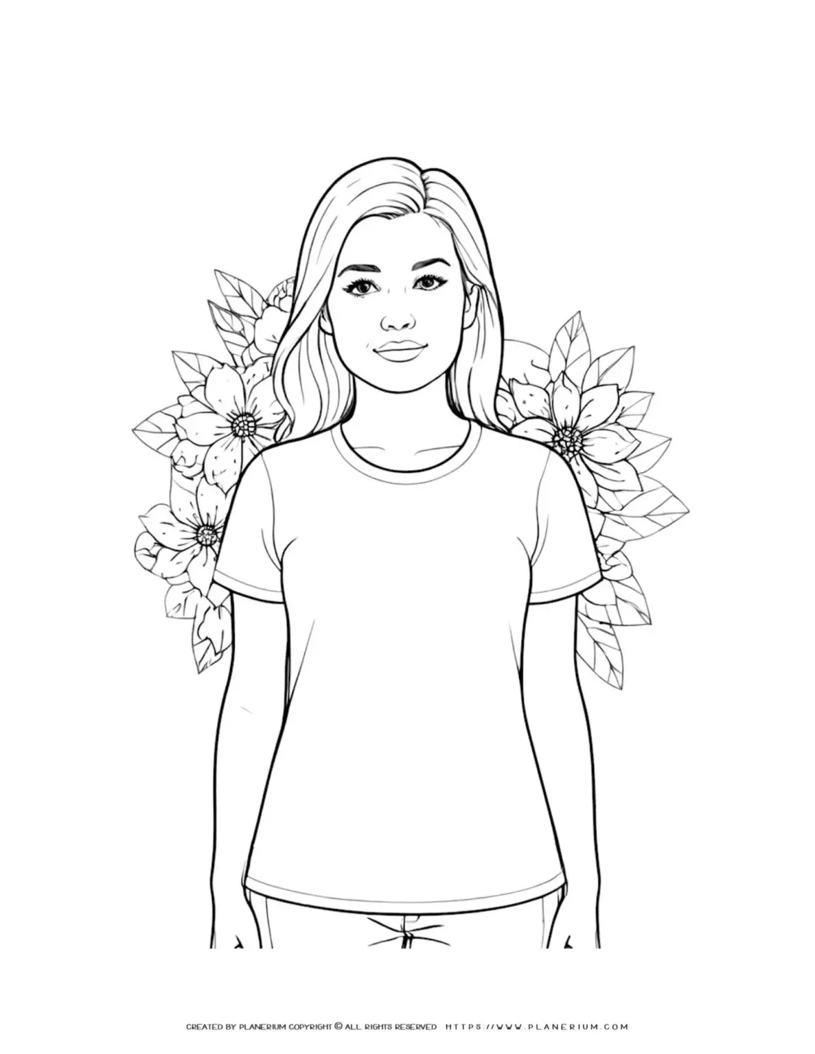 Coloring page of a girl with flowers.