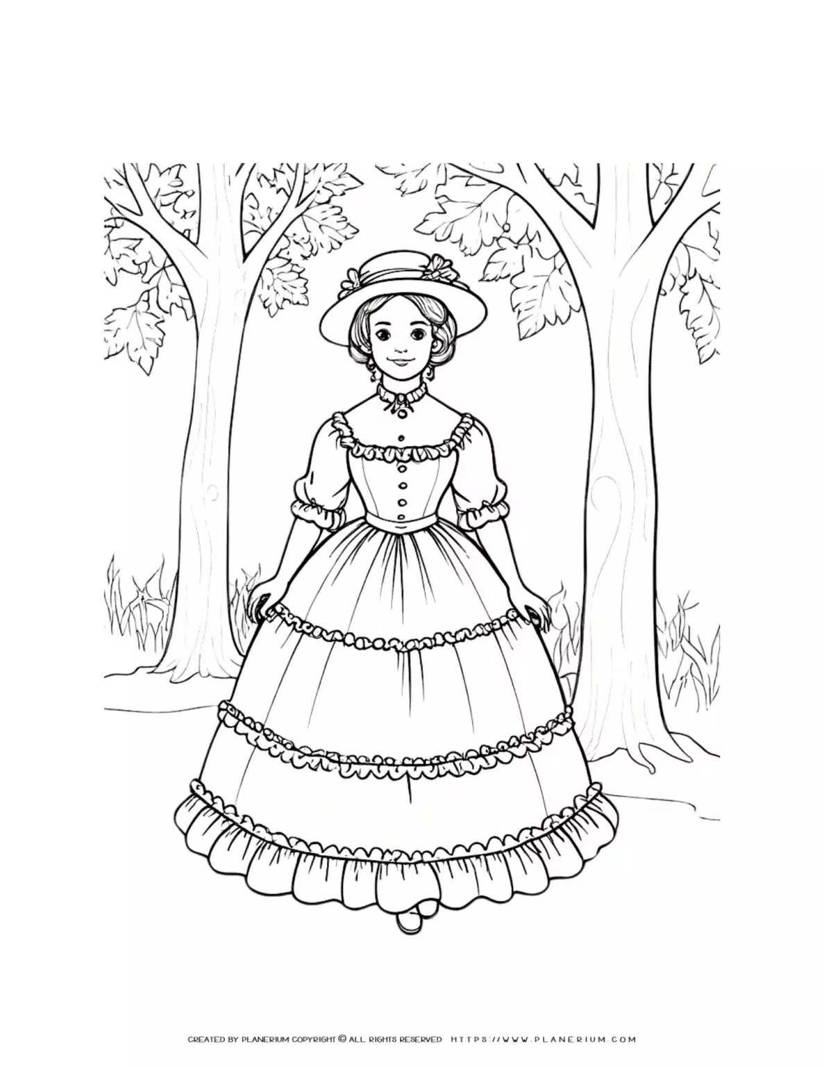Victorian woman in historical dress with forest backdrop - coloring page illustration.