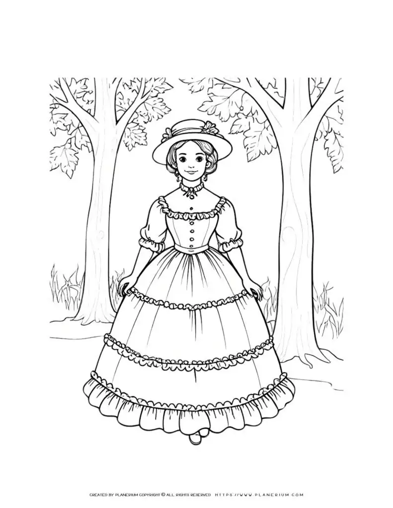 Victorian woman in historical dress with forest backdrop - coloring page illustration.