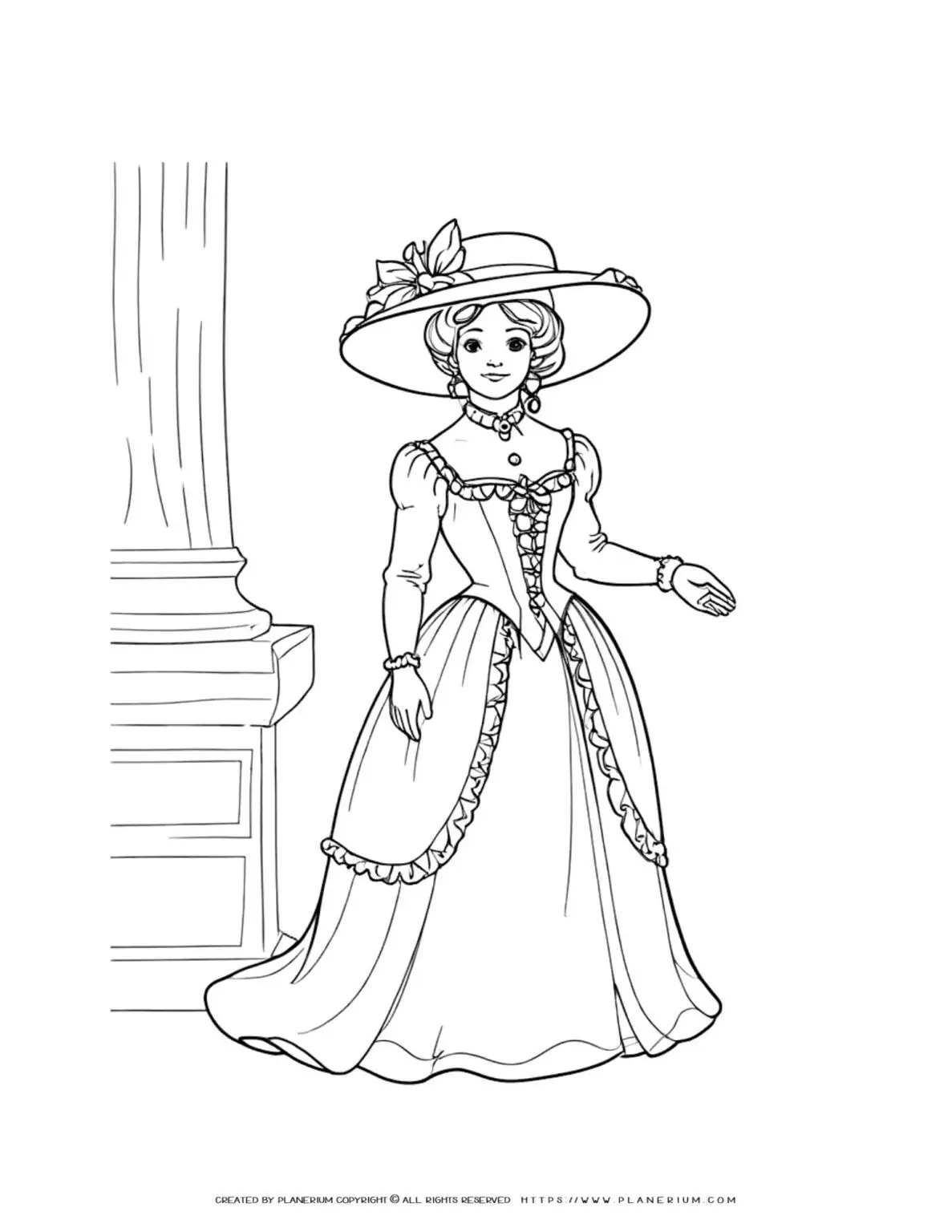 Victorian era woman in gown with mansion interior background - historical illustration coloring page. Ideal for history enthusiasts and coloring enthusiasts alike.