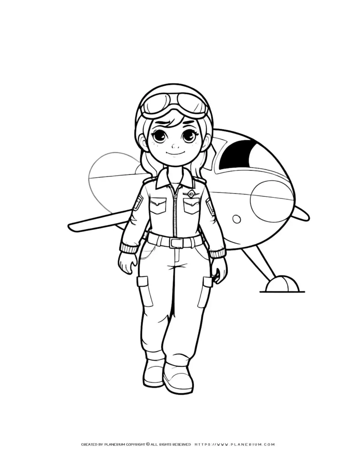 Female pilot flying a plane in a comic-style coloring page. Great for kids who love aviation and adventure.