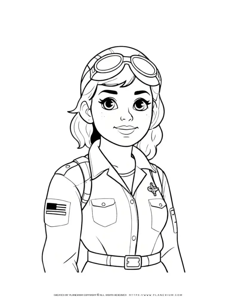 Woman pilot portrait in comic style illustration coloring page for aviation enthusiasts. Perfect for coloring books and art projects.