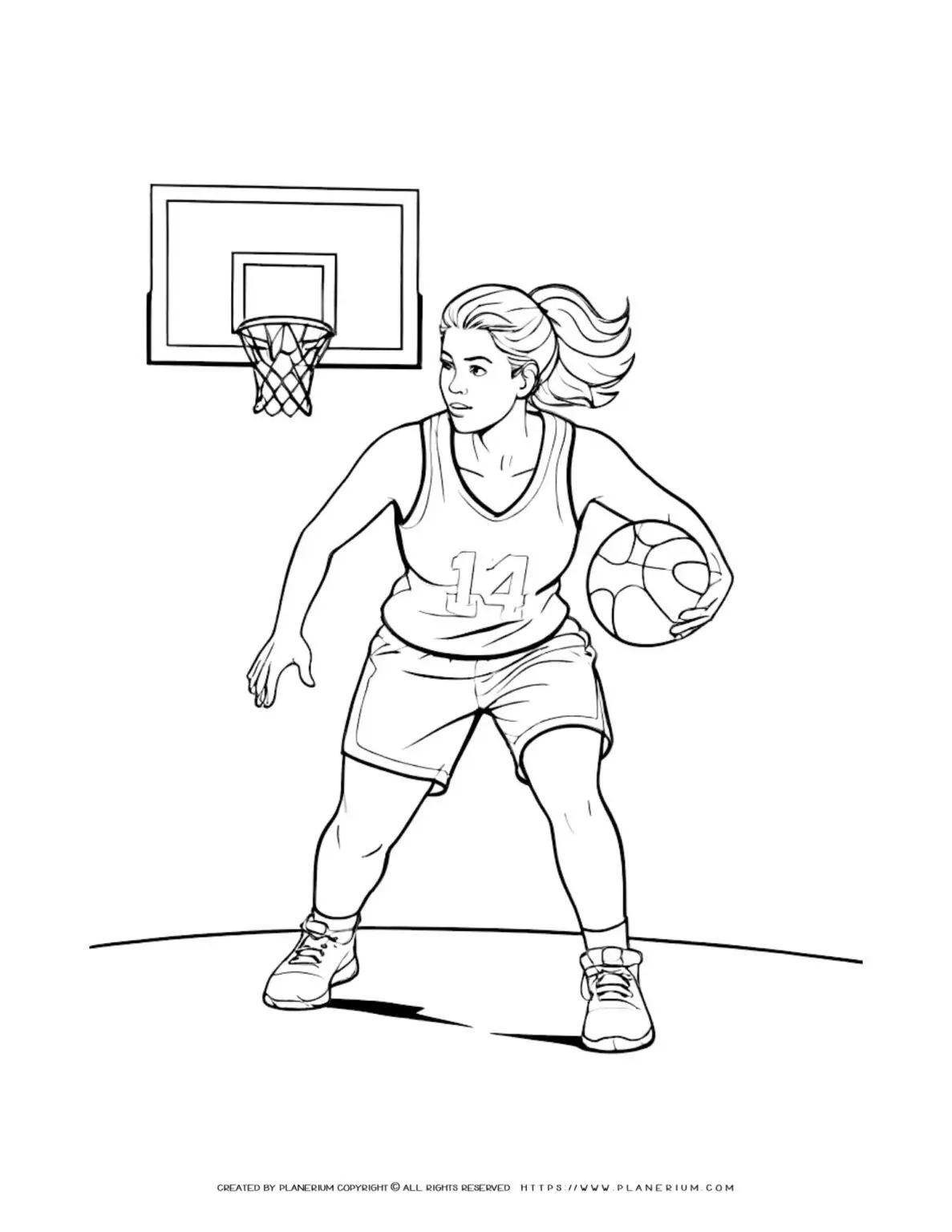 Female basketball player coloring sheet for kids to enjoy. Perfect for sports-themed activities and encouraging creativity.