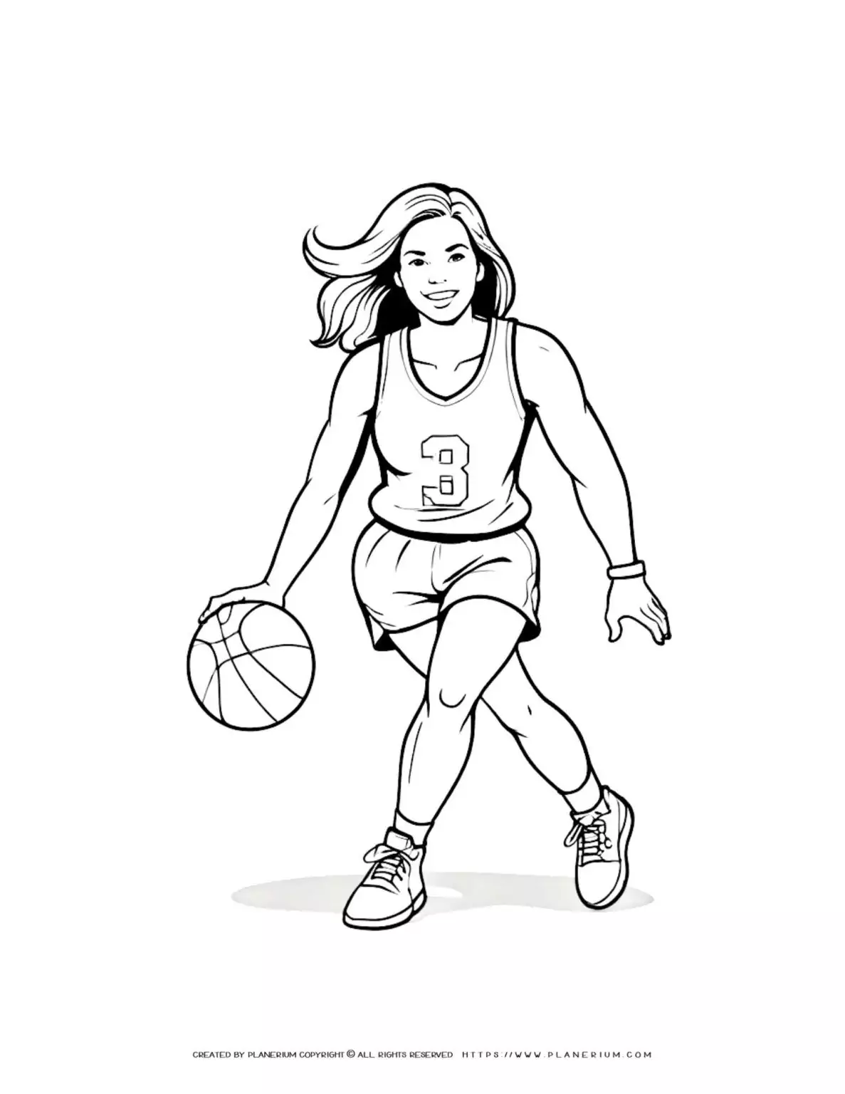 Female basketball player coloring page illustration for sports enthusiasts. Enjoy coloring this dynamic image of a woman playing basketball.
