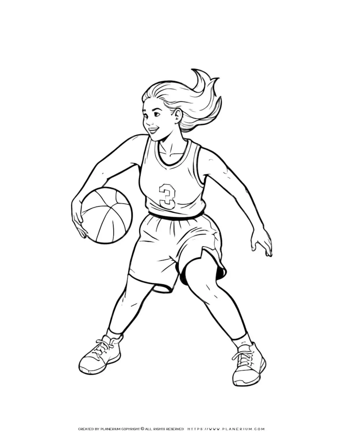 Female basketball player coloring page outline for kids. Fun and engaging activity for children to enjoy. Perfect for sports-themed projects.