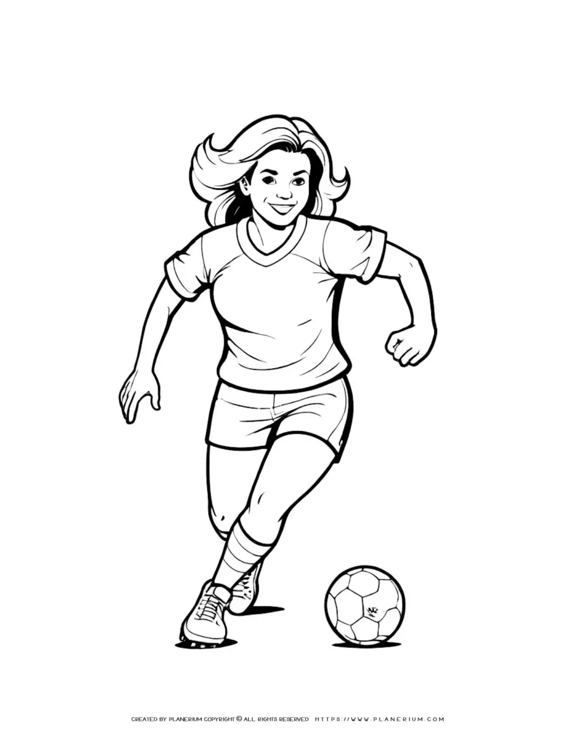 Soccer player woman coloring page for kids with sports theme. Enjoy coloring a female athlete kicking a ball on the field. Great for sports enthusiasts.