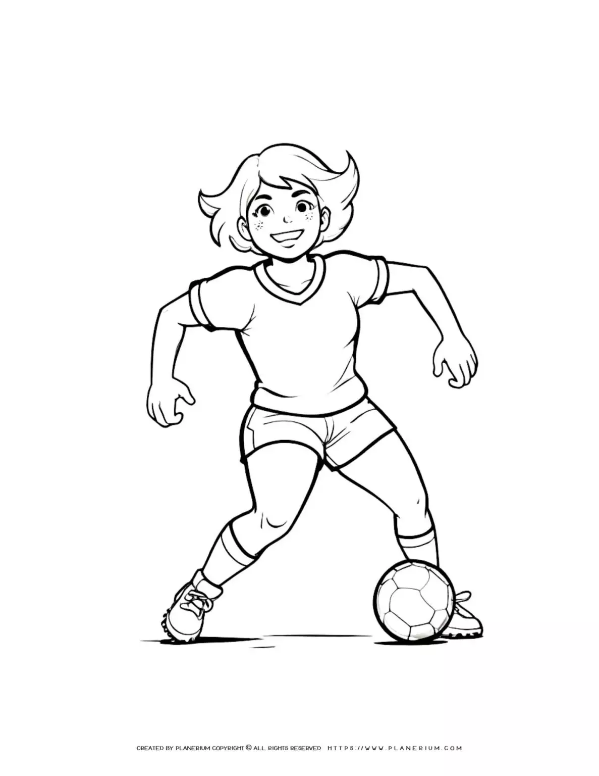 Soccer player woman coloring page illustration for kids. Fun and engaging activity for children to enjoy. Great for developing creativity and motor skills.