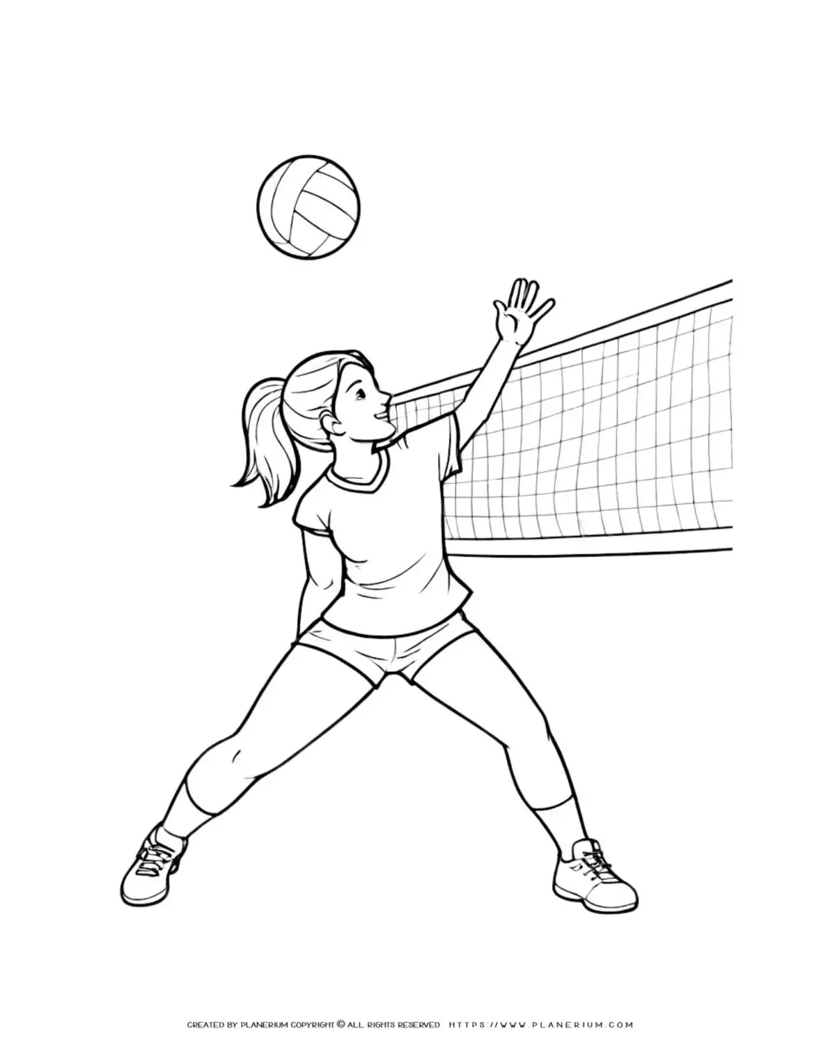Volleyball player coloring page featuring a woman in action. Perfect for kids and adults who love sports and art.