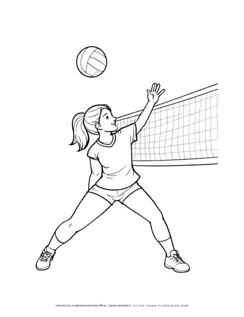 Volleyball player coloring page featuring a woman in action. Perfect for kids and adults who love sports and art.