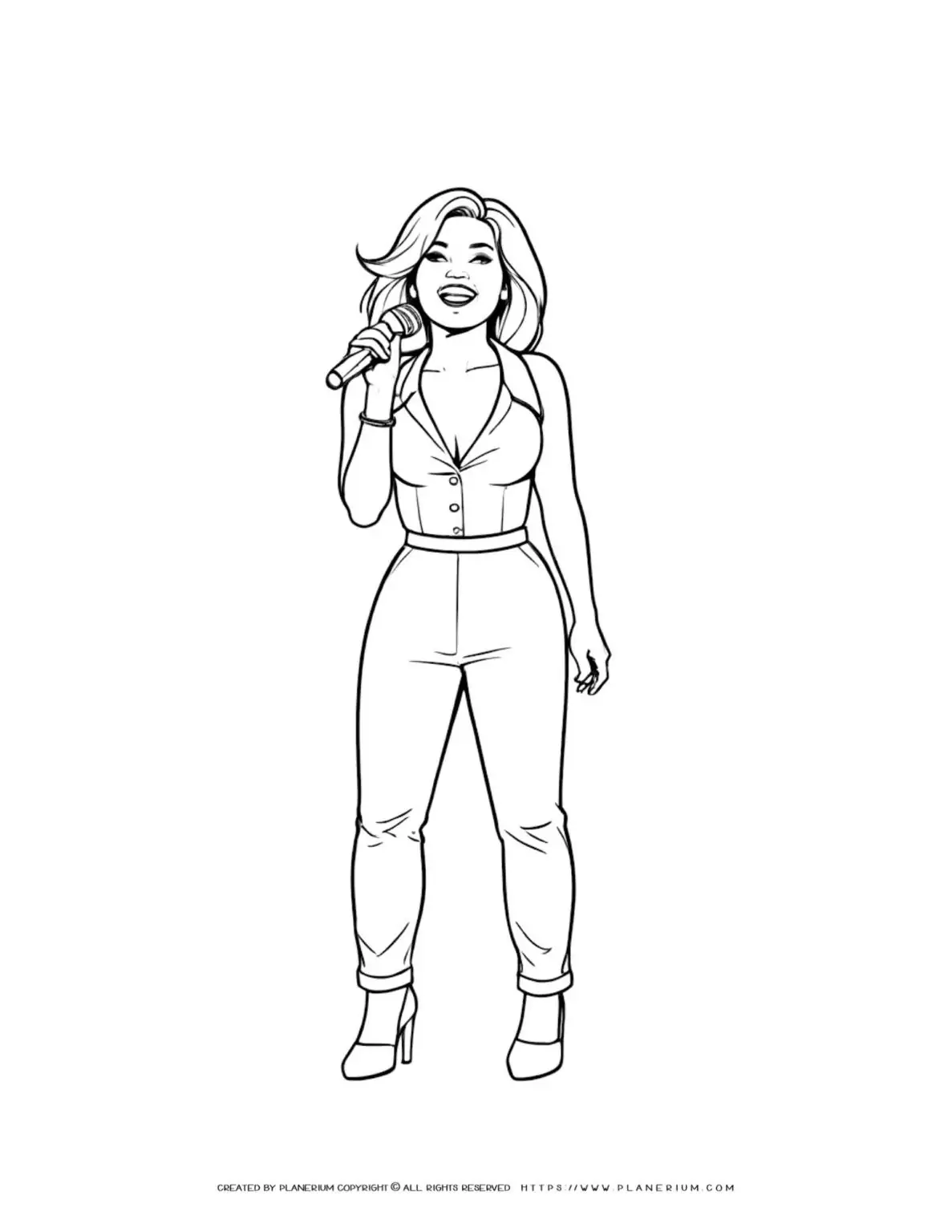 Coloring page of a woman singing into a microphone, perfect for music lovers and creative minds. Enjoy coloring this detailed illustration.