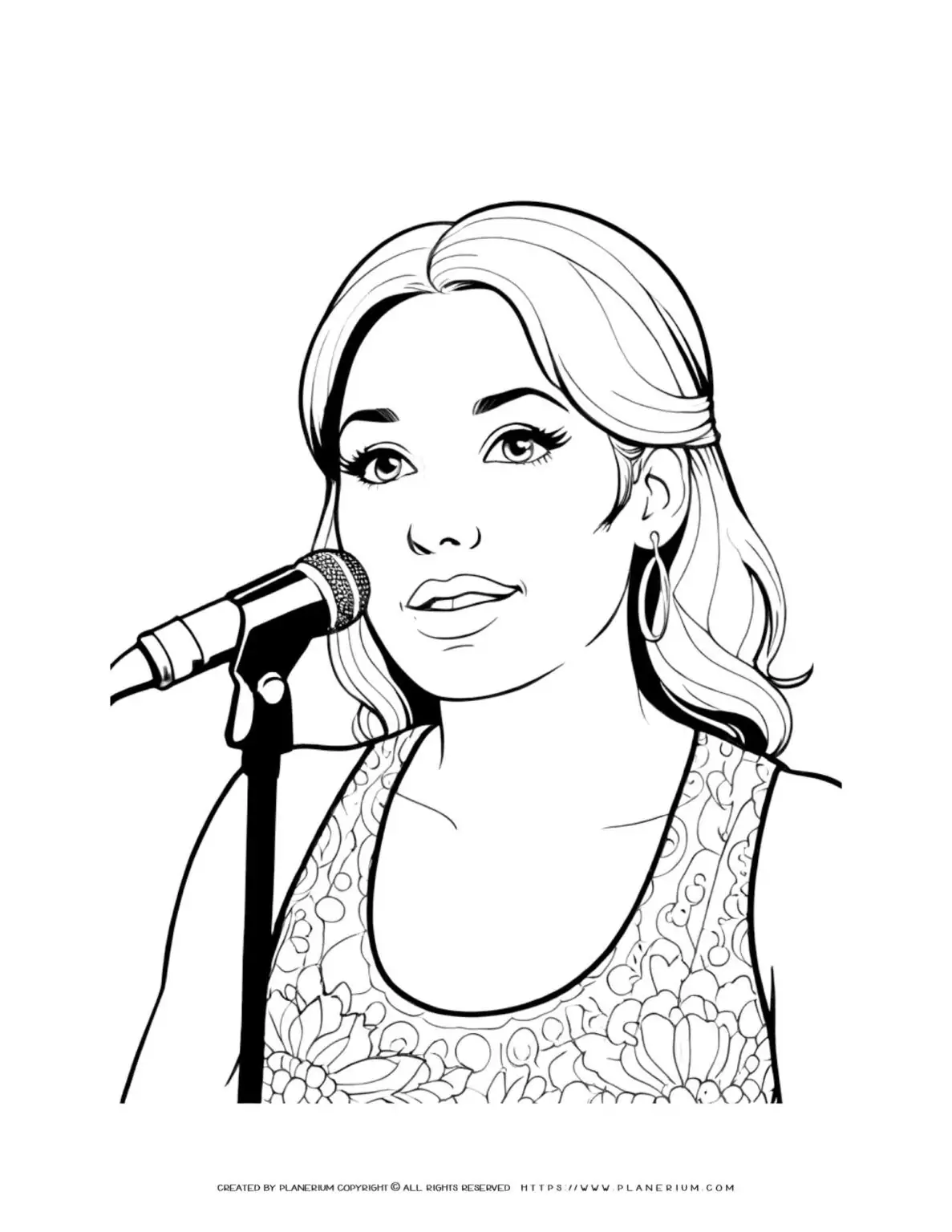 Coloring page of a woman singing with a microphone. Fun and engaging activity for kids. Perfect for developing creativity and fine motor skills.