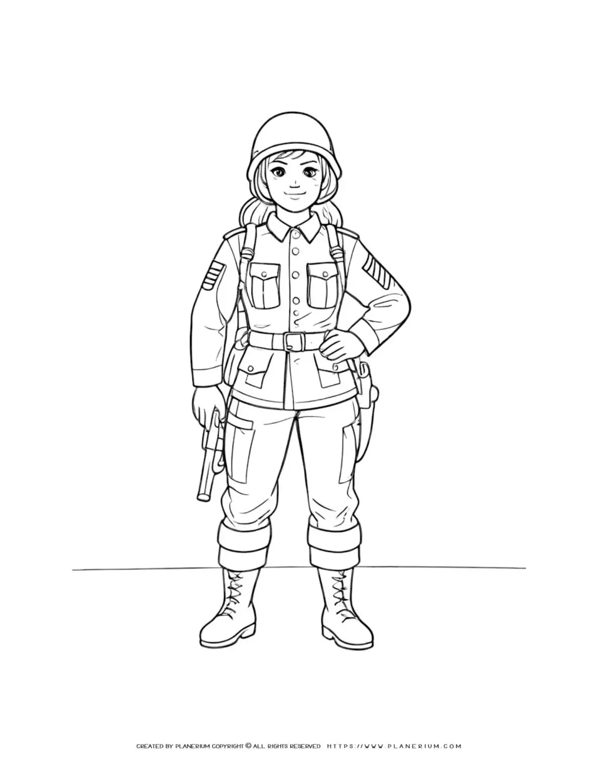 Illustration of a female soldier in full uniform coloring page, perfect for kids and adults. Ideal for patriotic and military-themed activities.