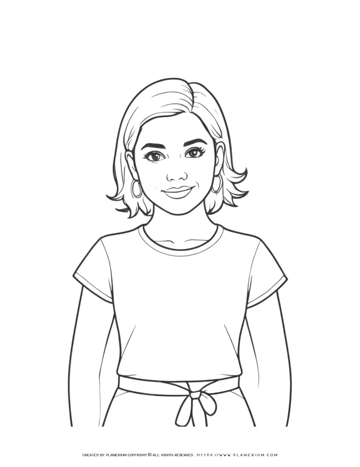 Illustration of a woman's torso in a dress with a belt coloring page for adults. Fashion sketch for coloring book enthusiasts.