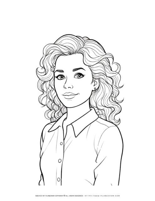 Stress Relief Coloring Page: Woman with Curly Hair Illustration