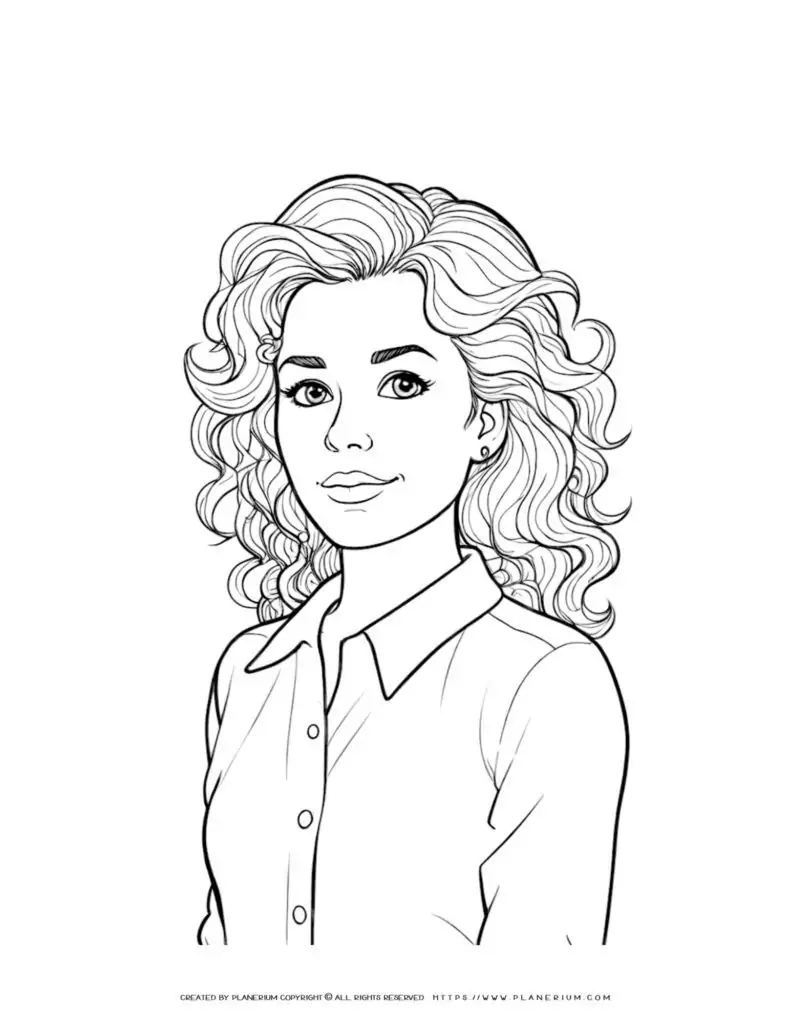 Illustration of woman's torso with curly hair for coloring. Perfect for art therapy and relaxation. Ideal for all ages.