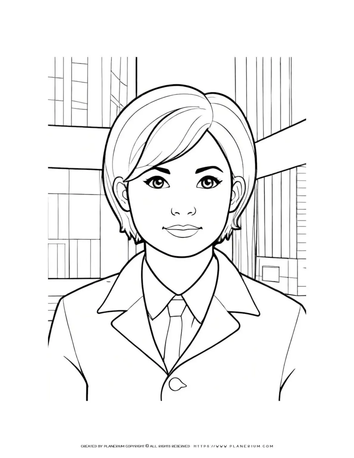 Illustration of a woman with short hair and a building background coloring page. Ideal for art enthusiasts and coloring book lovers.
