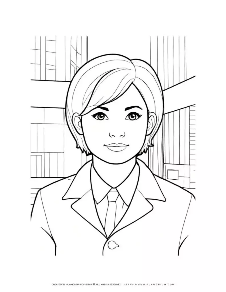 Illustration of a woman with short hair and a building background coloring page. Ideal for art enthusiasts and coloring book lovers.