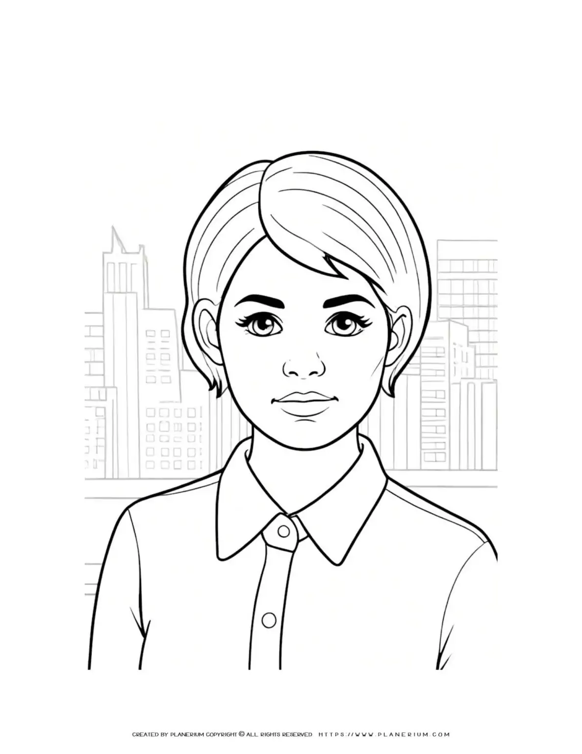 Illustration of woman with short hair and city view background coloring page. Ideal for relaxation and creativity.