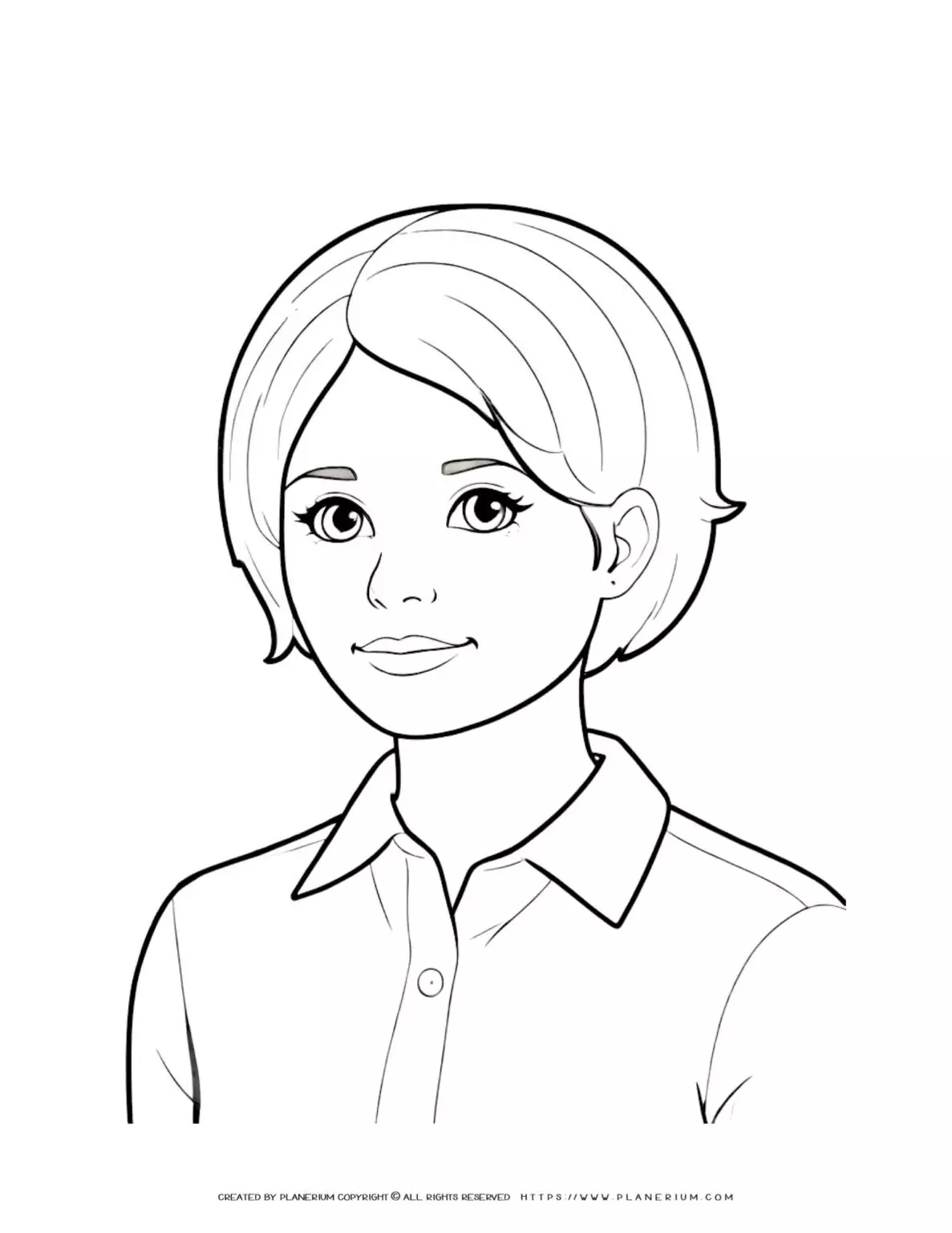 Illustration of a woman's torso with short hair coloring page for adults. Perfect for relaxation and stress relief. Ideal for art therapy.