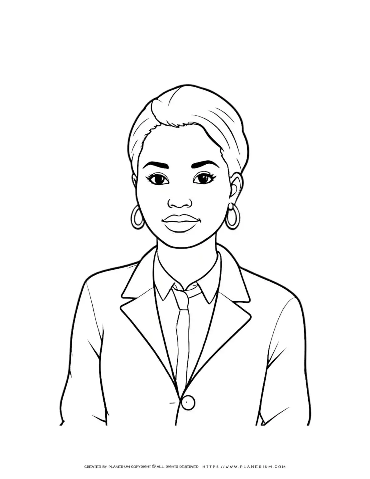 Illustration of a stylish woman with short hair wearing a suit, perfect for coloring. Ideal for fashion enthusiasts and art lovers.