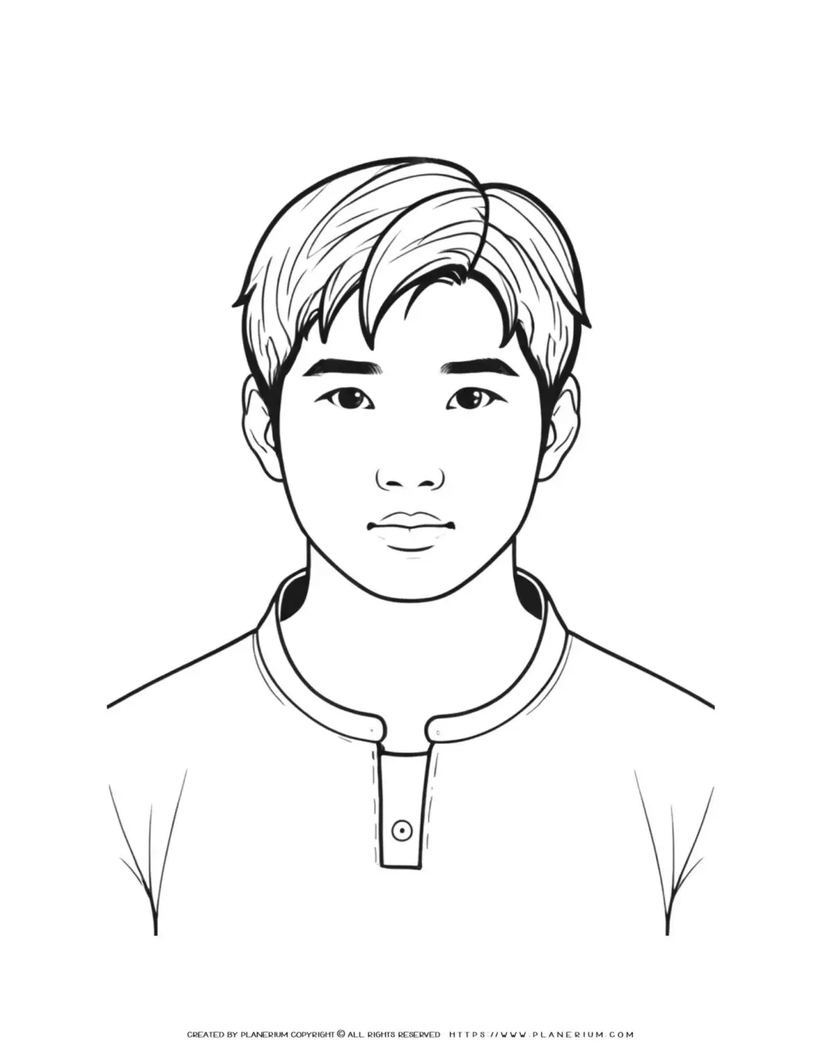 Asian male portrait illustration in front view. Young man outline drawing. Ideal for graphic design projects and creative concepts.